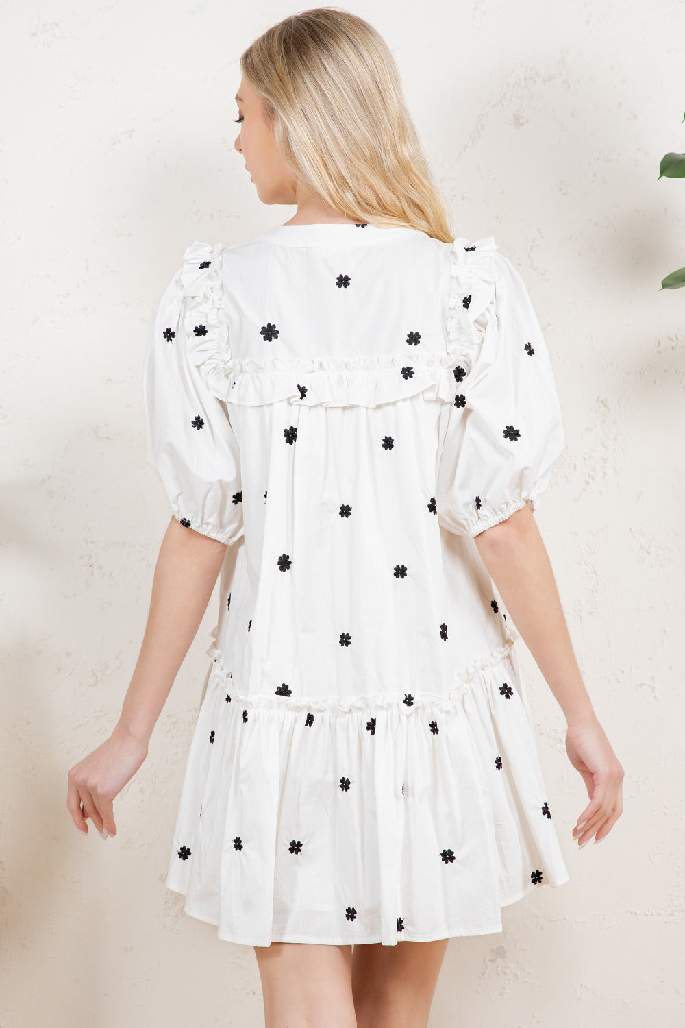 Embroidered Ruffle Tiered Puff Sleeve Mini Dress RD163