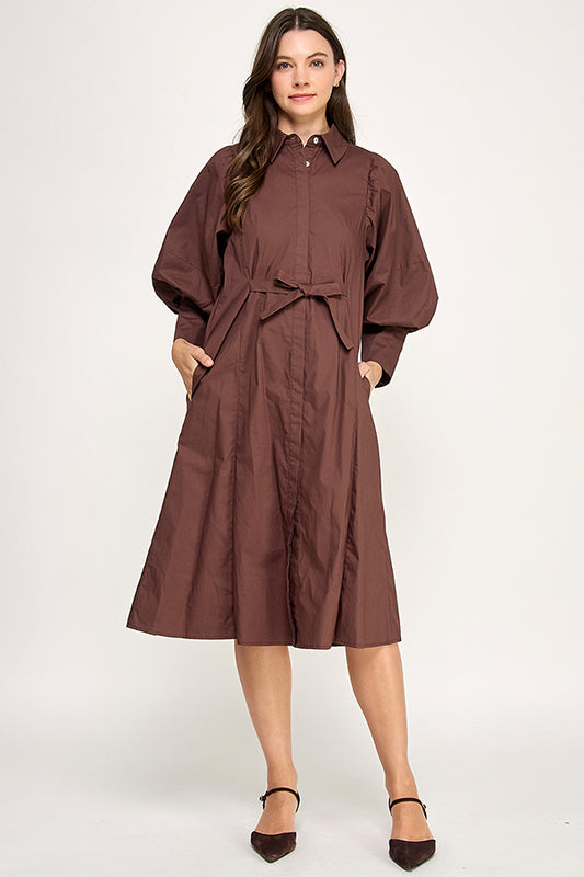 RD284 - Statement Sleeve Midi Shirt Dress (Brown)