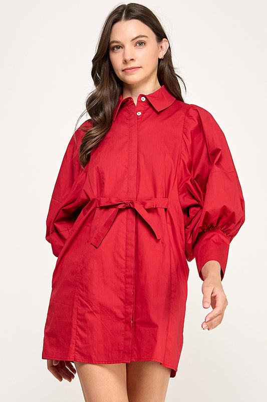REMI245 - Statement Sleeve Mini Shirt Dress (Burgundy)