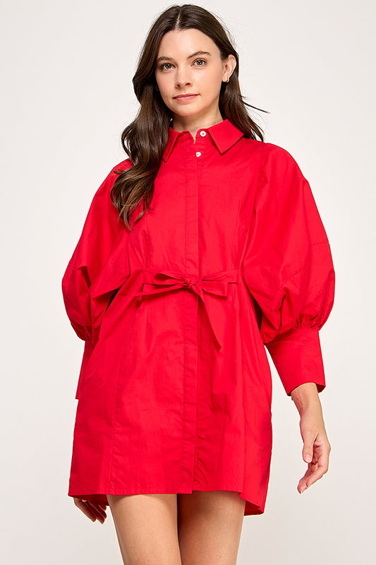 REMI245 - Statement Sleeve Mini Shirt Dress (Red)