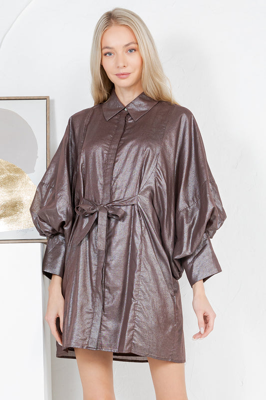 REMI245 - Statement Sleeve Mini Shirt Dress (Shiny Brown)