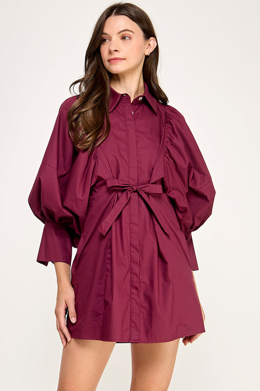 REMI245 - Statement Sleeve Mini Shirt Dress (Wine)