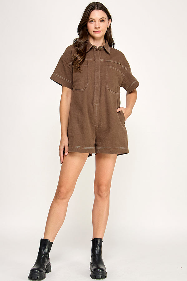 RP141 - Soft Washed Twill Contrast Stitching Romper (Off White)