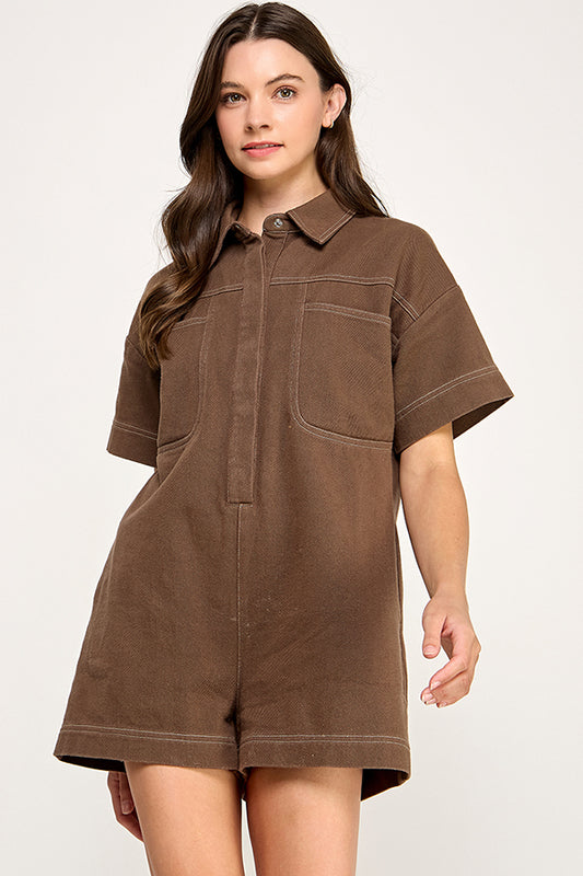 RP141 - Soft Washed Twill Contrast Stitching Romper (Brown)