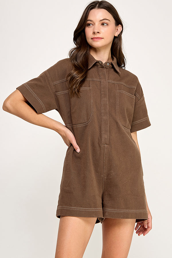 RP141 - Soft Washed Twill Contrast Stitching Romper (Off White)