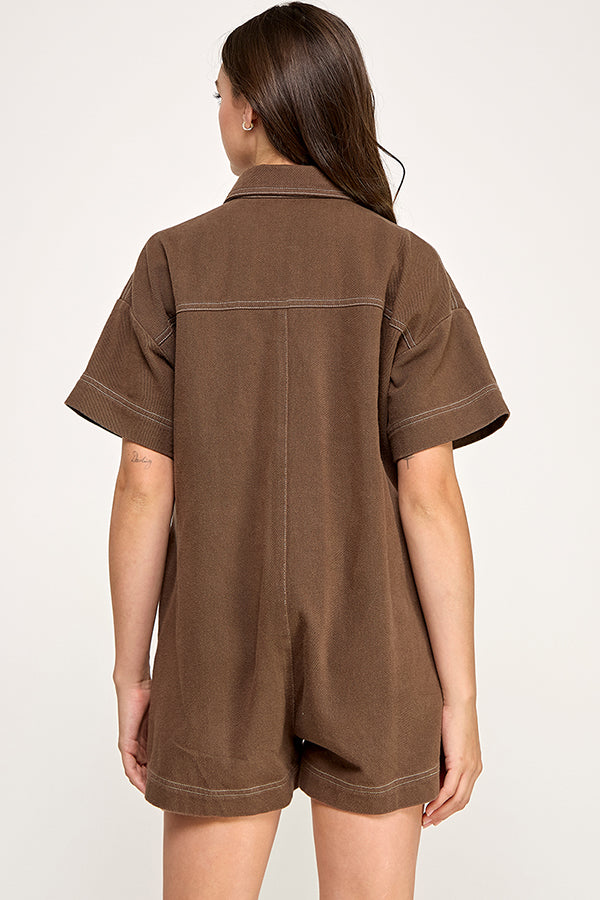 RP141 - Soft Washed Twill Contrast Stitching Romper (Off White)