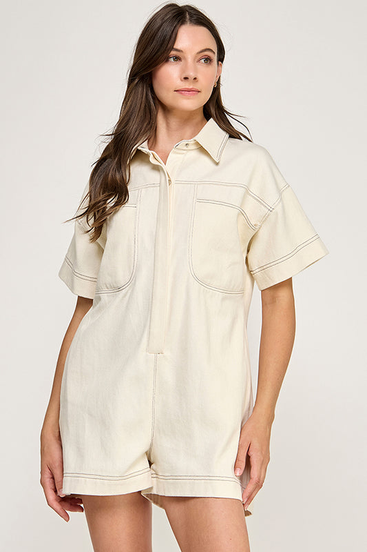 RP141 - Soft Washed Twill Contrast Stitching Romper (Off White)