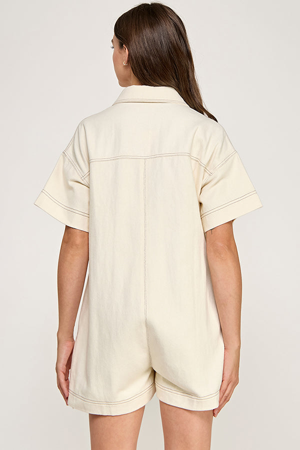 RP141 - Soft Washed Twill Contrast Stitching Romper (Off White)