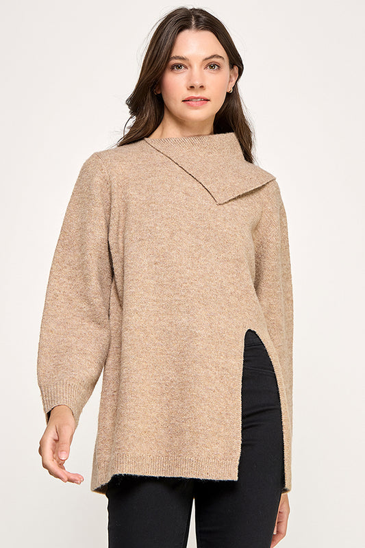 RST213 - Cozy Camel Asymmetric Mock Neck Sweater
