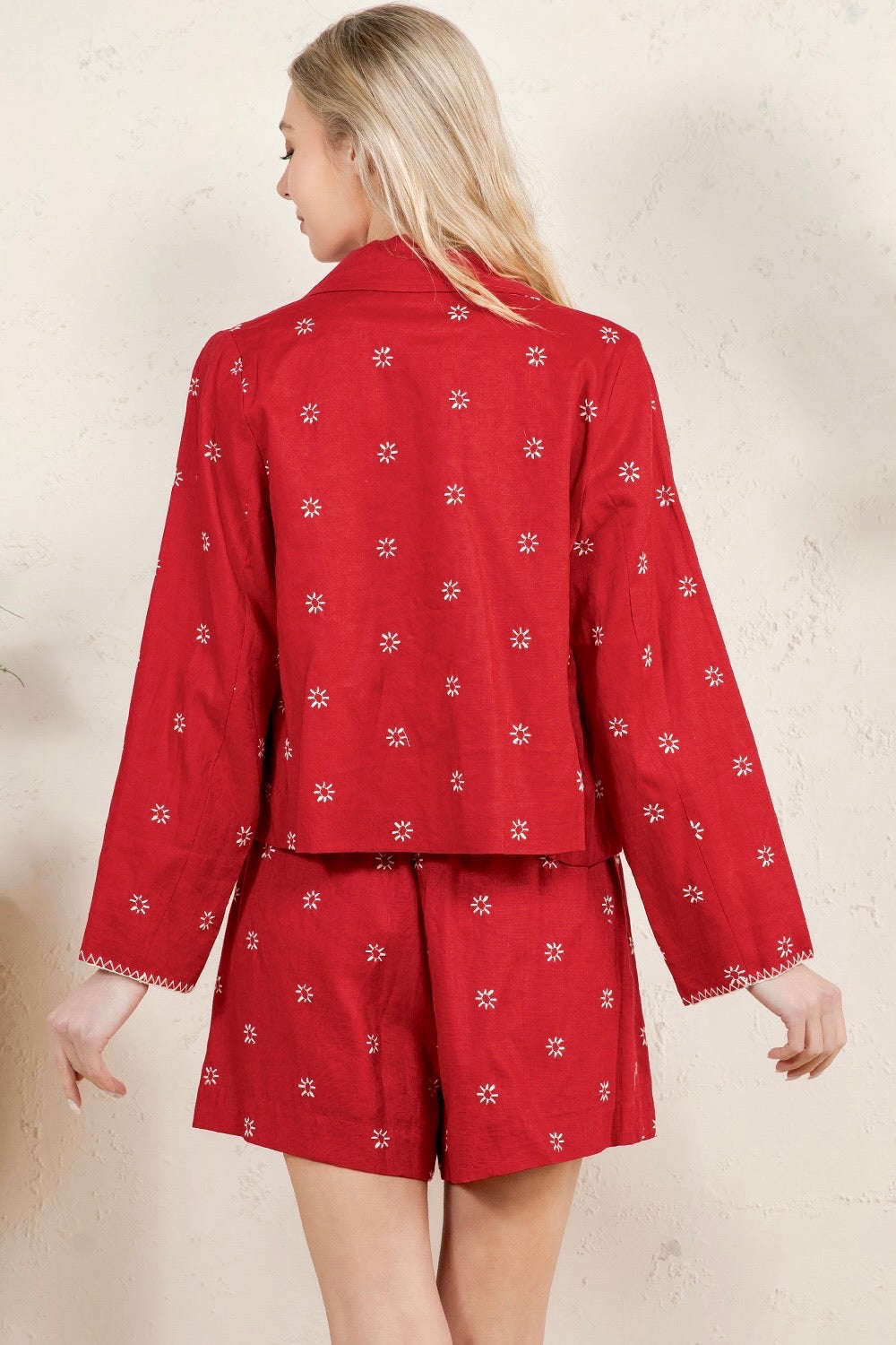 Red Patterned Cropped Button-Down Jacket RT142