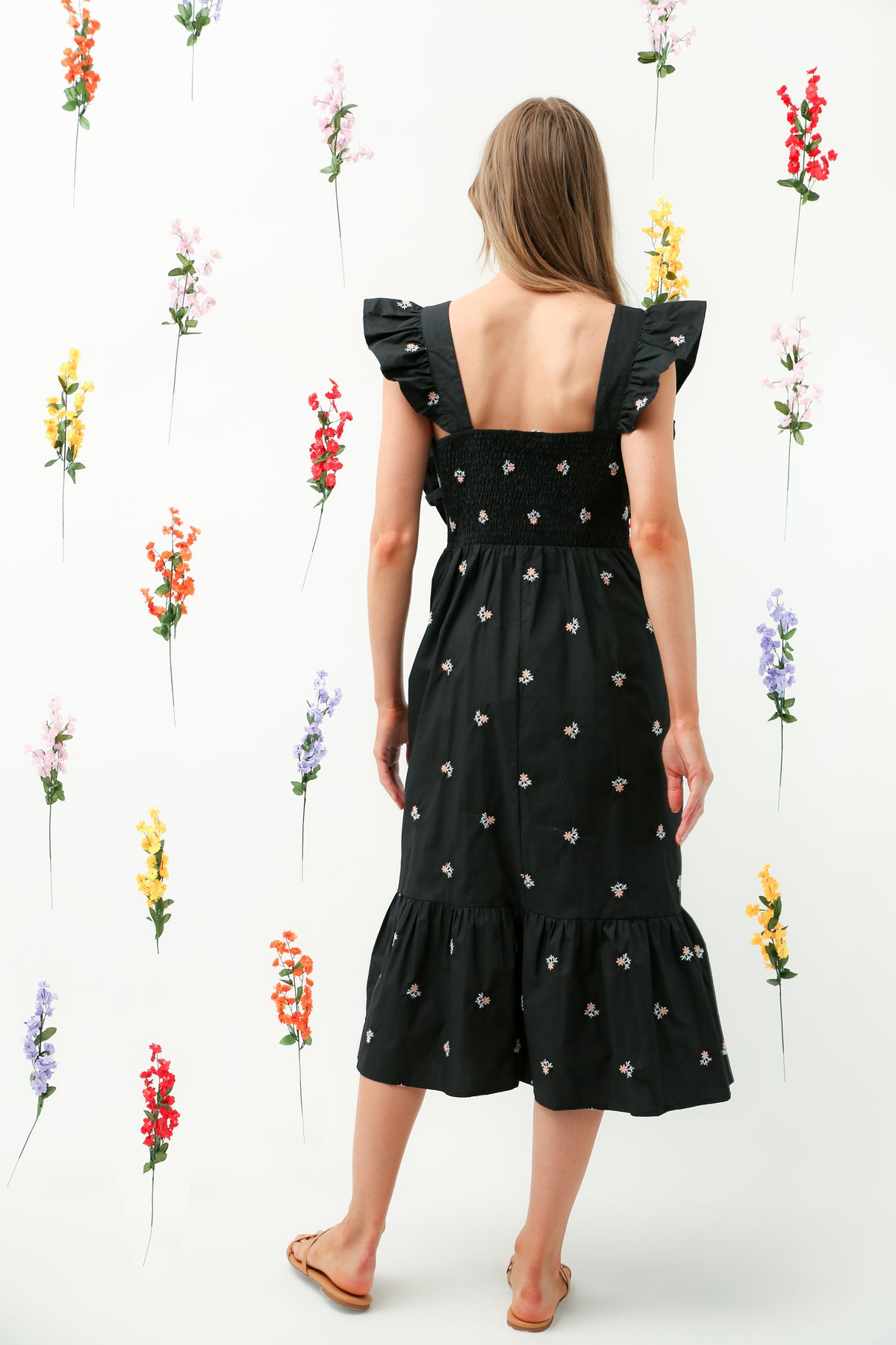 Floral Embroidered Ruffle Strap Tiered Midi Dress(Black) REMI014