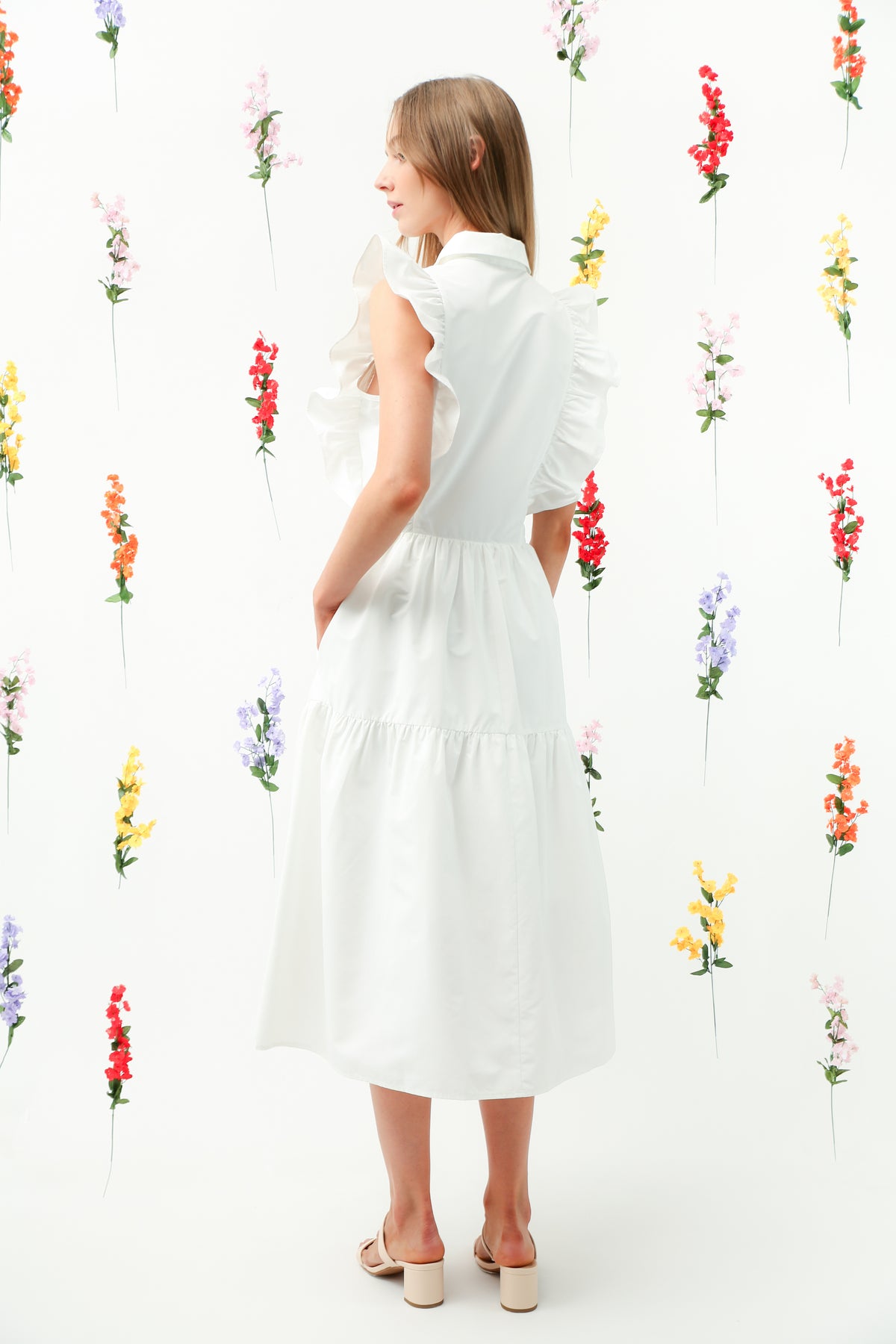 Ruffle Trim Button-Down Tiered Midi Dress REMI017