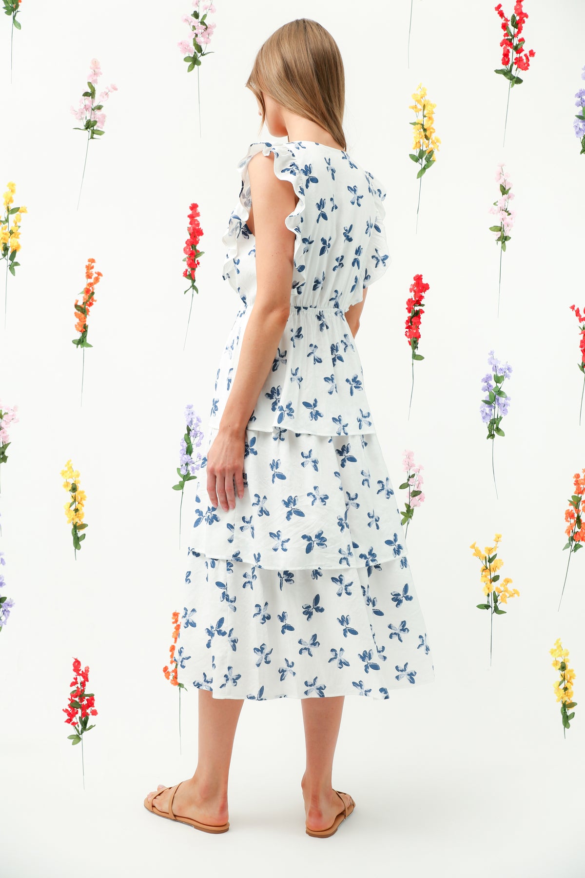 Blue Floral Ruffle Sleeve Tiered Midi Dress REMI005
