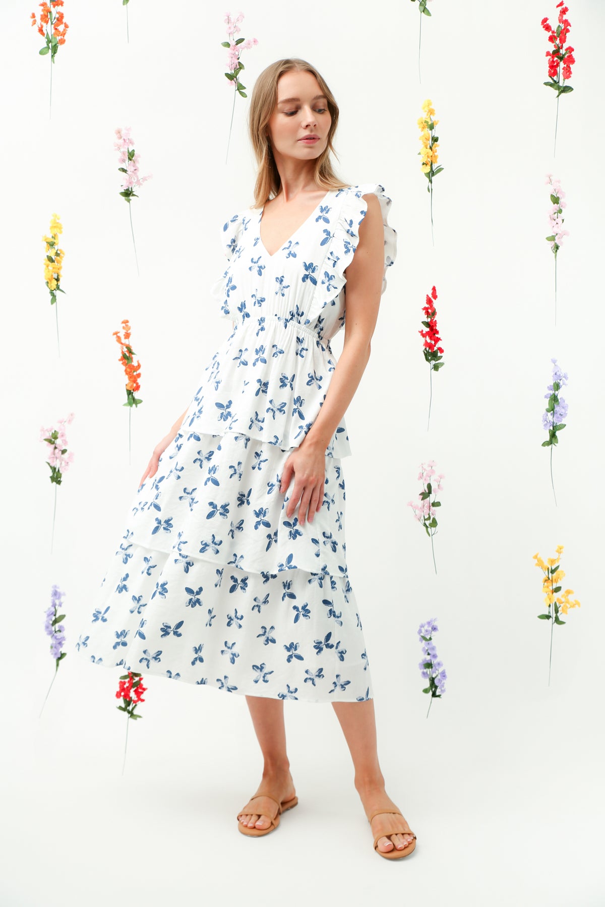 Blue Floral Ruffle Sleeve Tiered Midi Dress REMI005