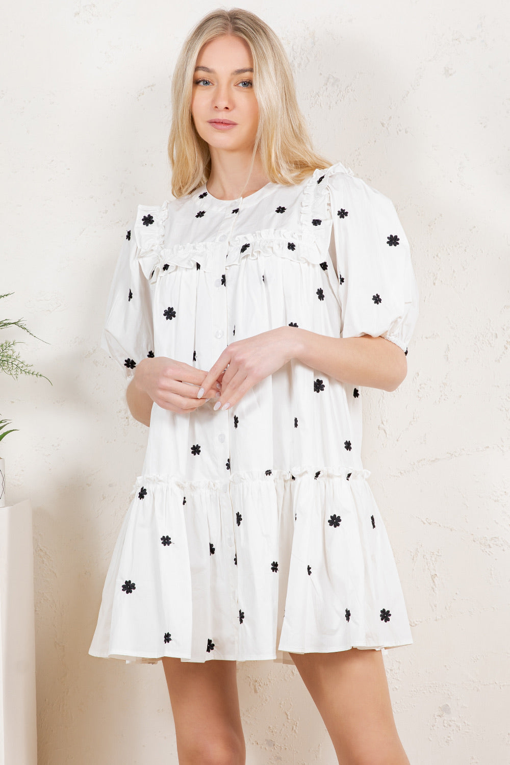 Embroidered Ruffle Tiered Puff Sleeve Mini Dress RD163
