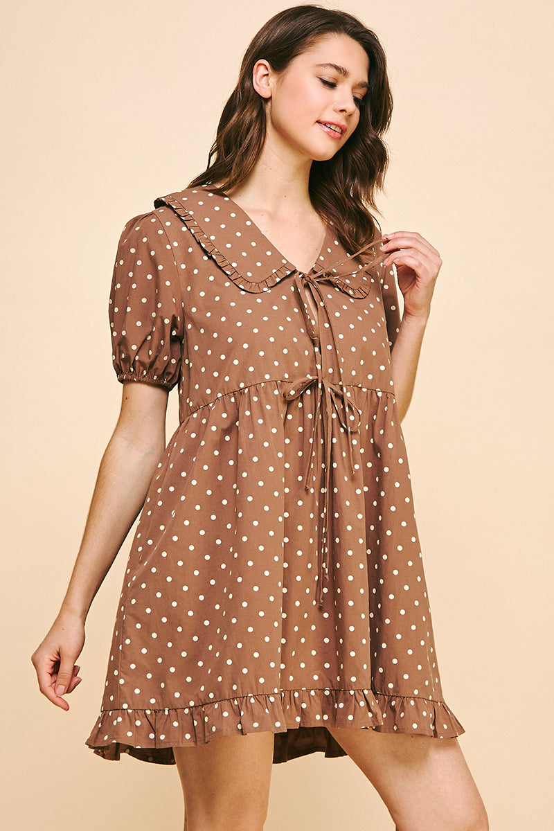 RD165 - Polka Collared Tie Mini Dress