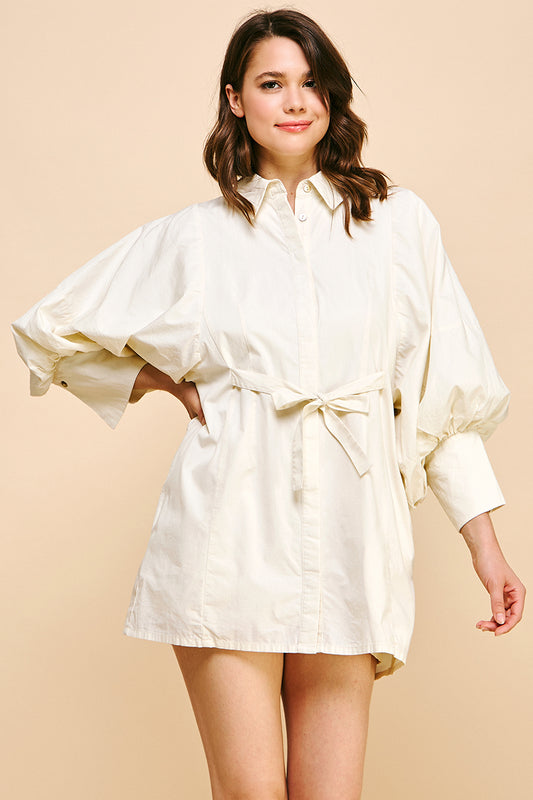 REMI245 - Statement Sleeve Mini Shirt Dress (Ecru)