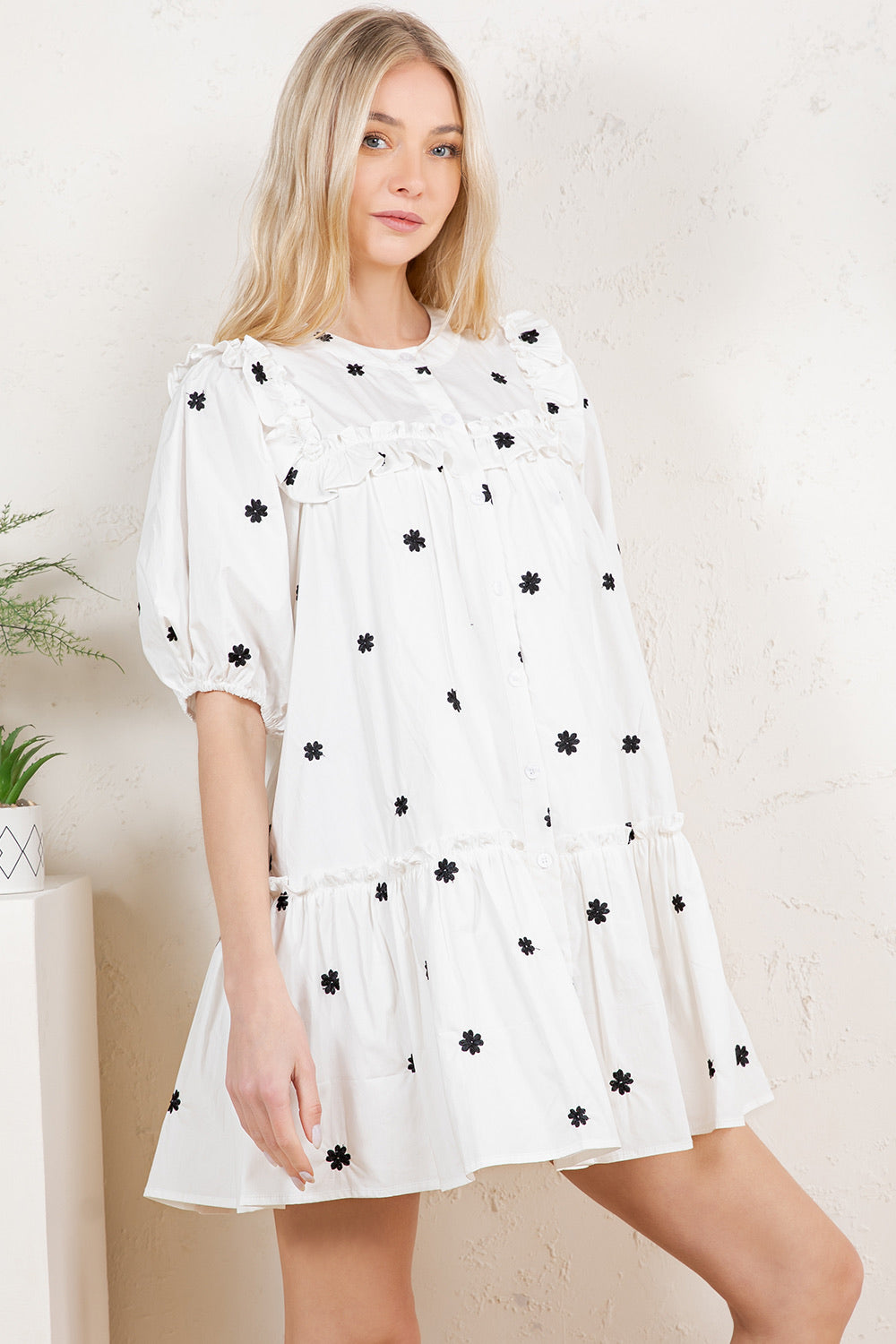 Embroidered Ruffle Tiered Puff Sleeve Mini Dress RD163