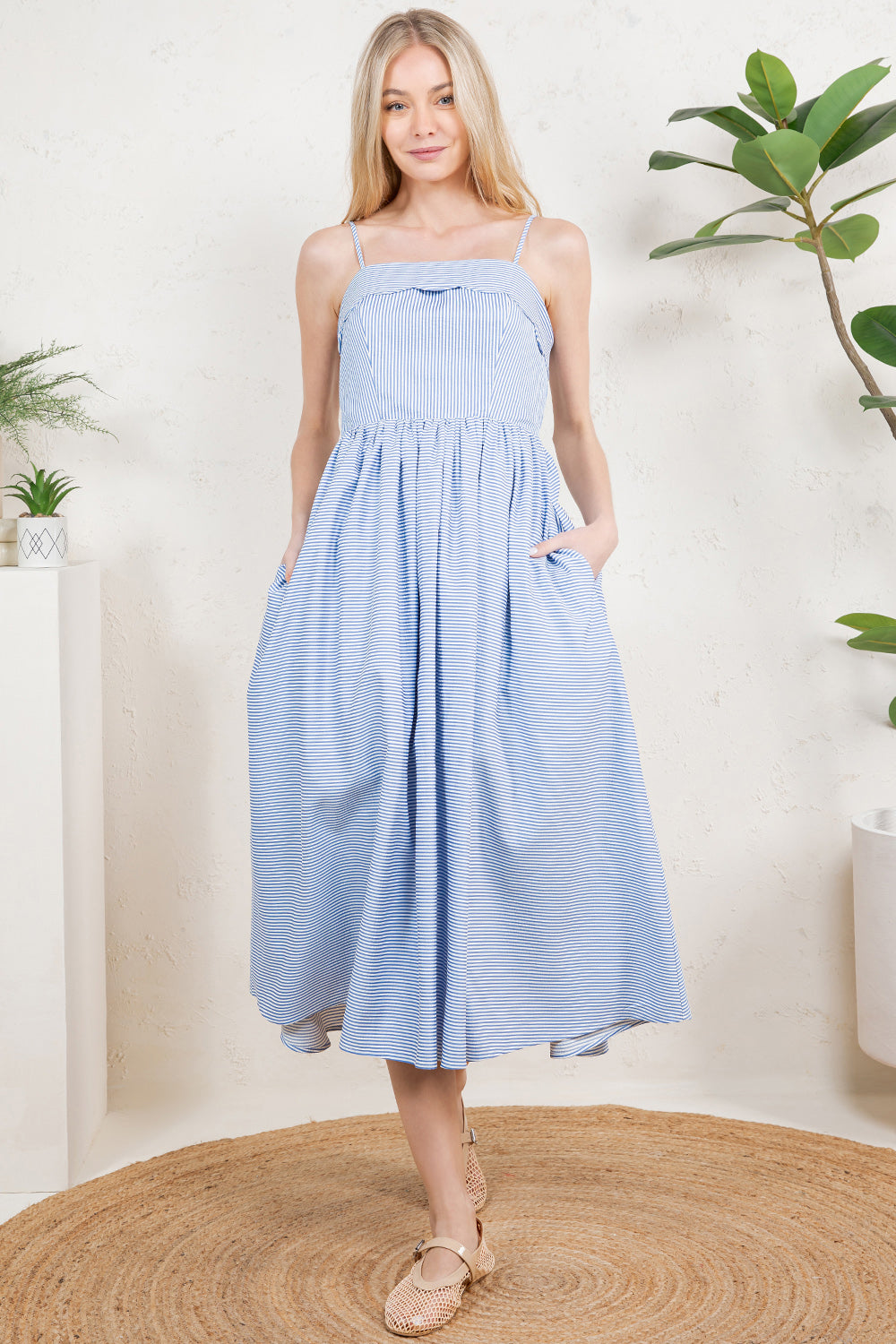 RD192 - Seersucker Scallop Midi Dress
