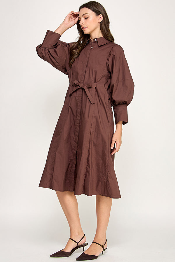 Puff Sleeve Midi Shirt Dress - Tailored Tie Waist RD284