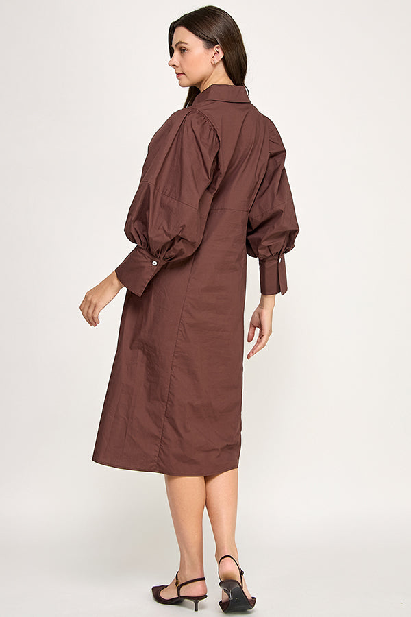 Puff Sleeve Midi Shirt Dress - Tailored Tie Waist RD284