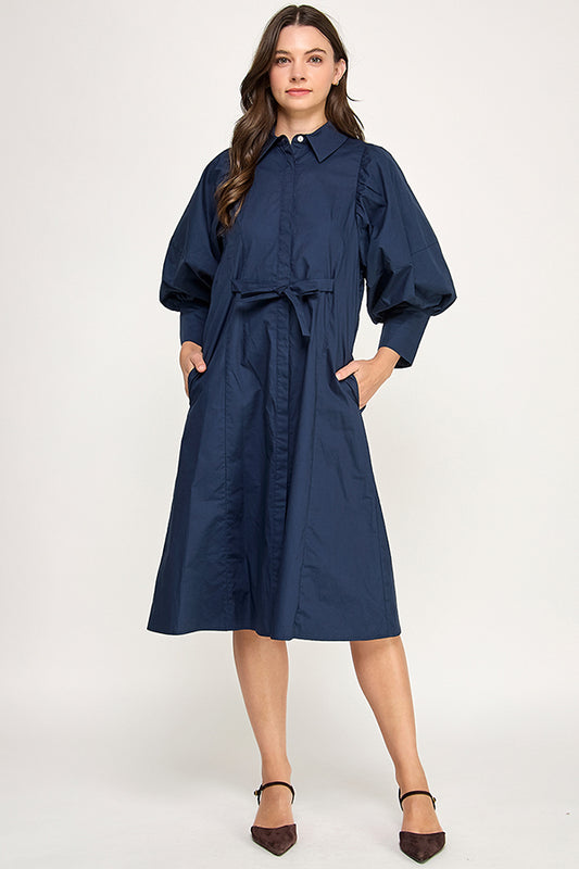 RD284 - Statement Sleeve Midi Shirt Dress (Navy)