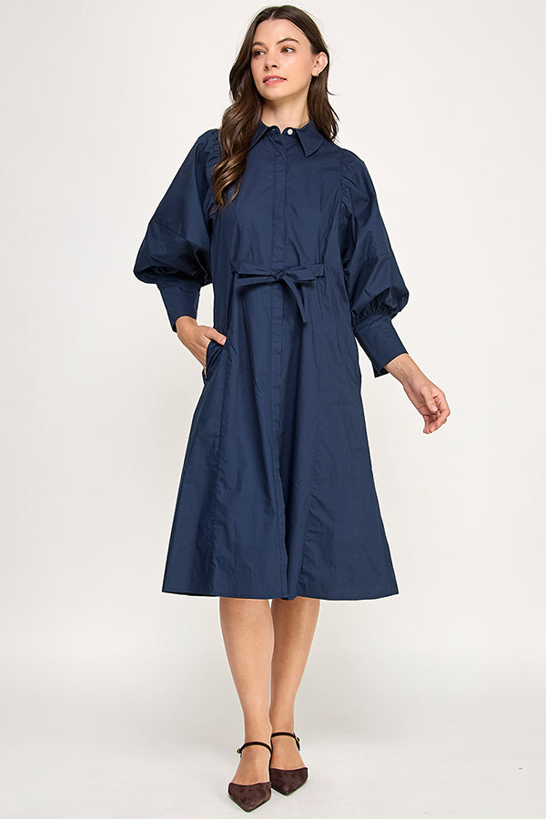 Puff Sleeve Midi Shirt Dress - Tailored Tie Waist RD284