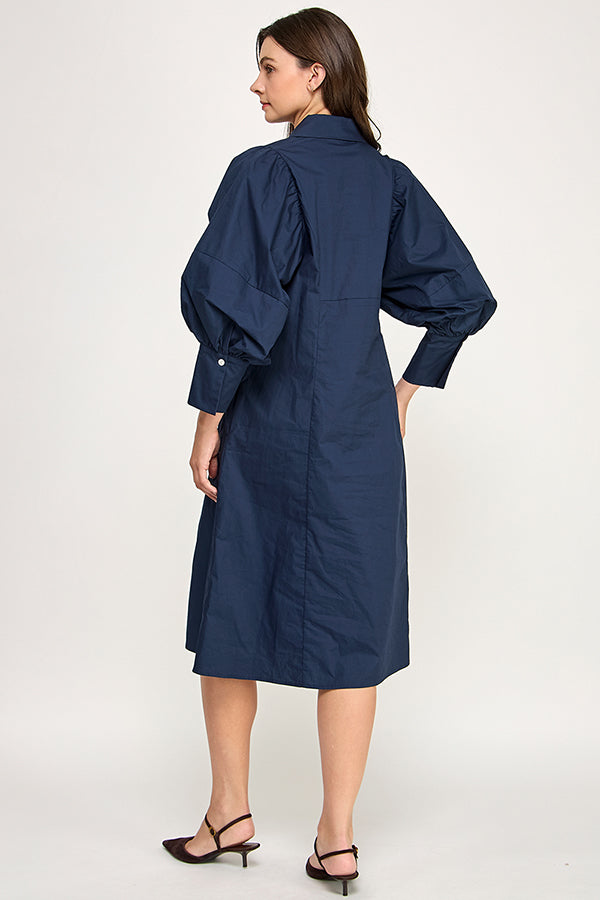 Puff Sleeve Midi Shirt Dress - Tailored Tie Waist RD284