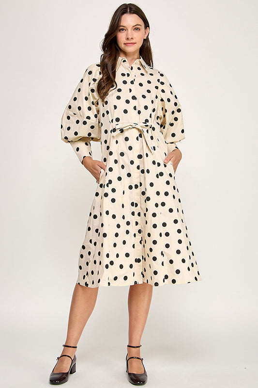 RD284 - Statement Sleeve Midi Shirt Dress (Polka Dot)