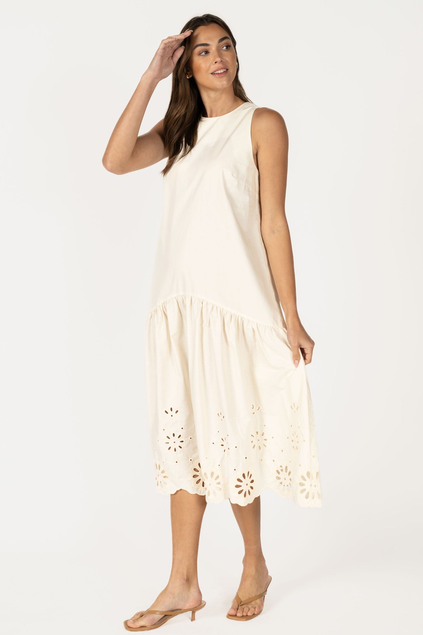 Sleeveless Eyelet Embroidered Hem Midi Dress RD316