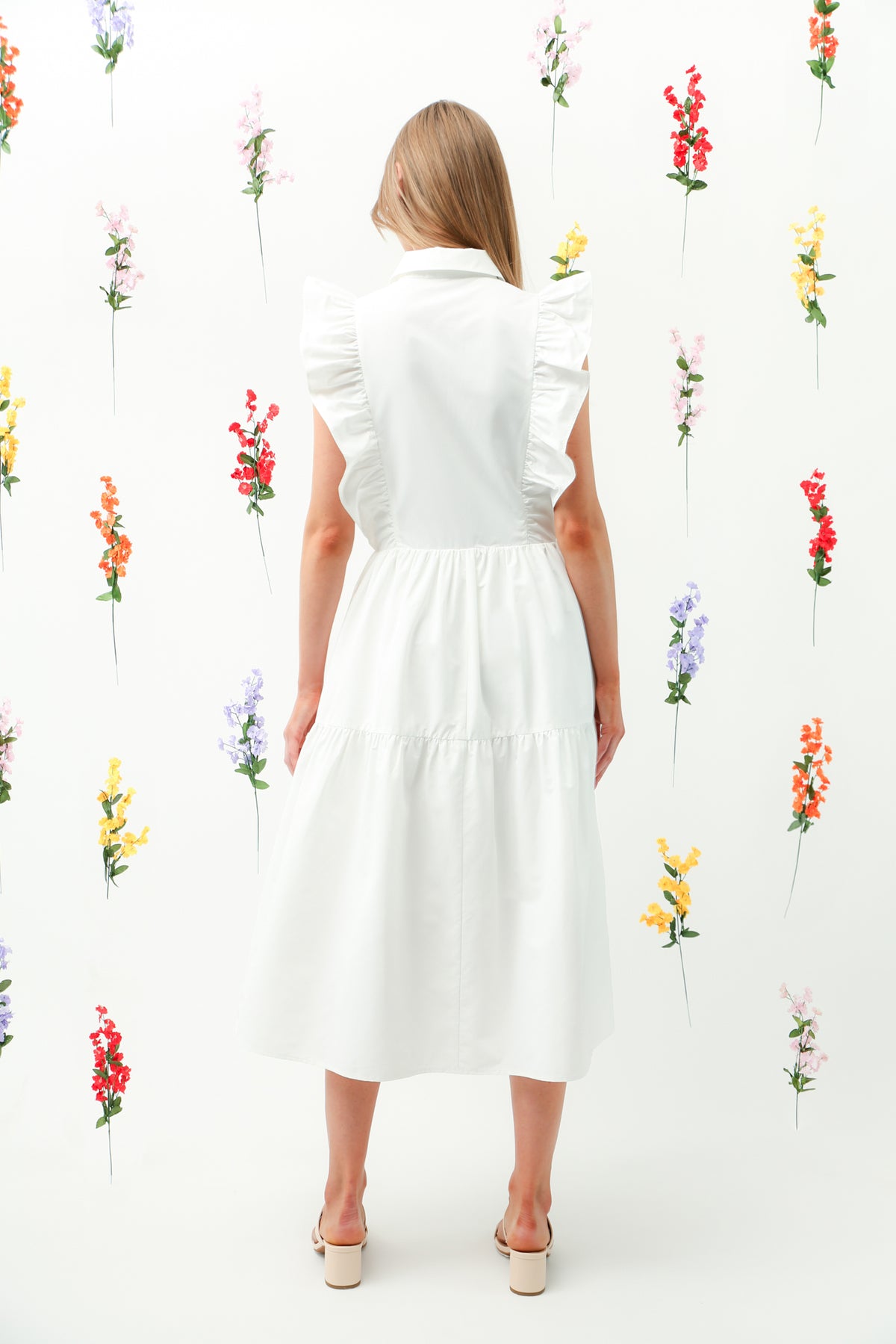 REMI017 Ruffle Trim Button-Down Tiered Midi Dress