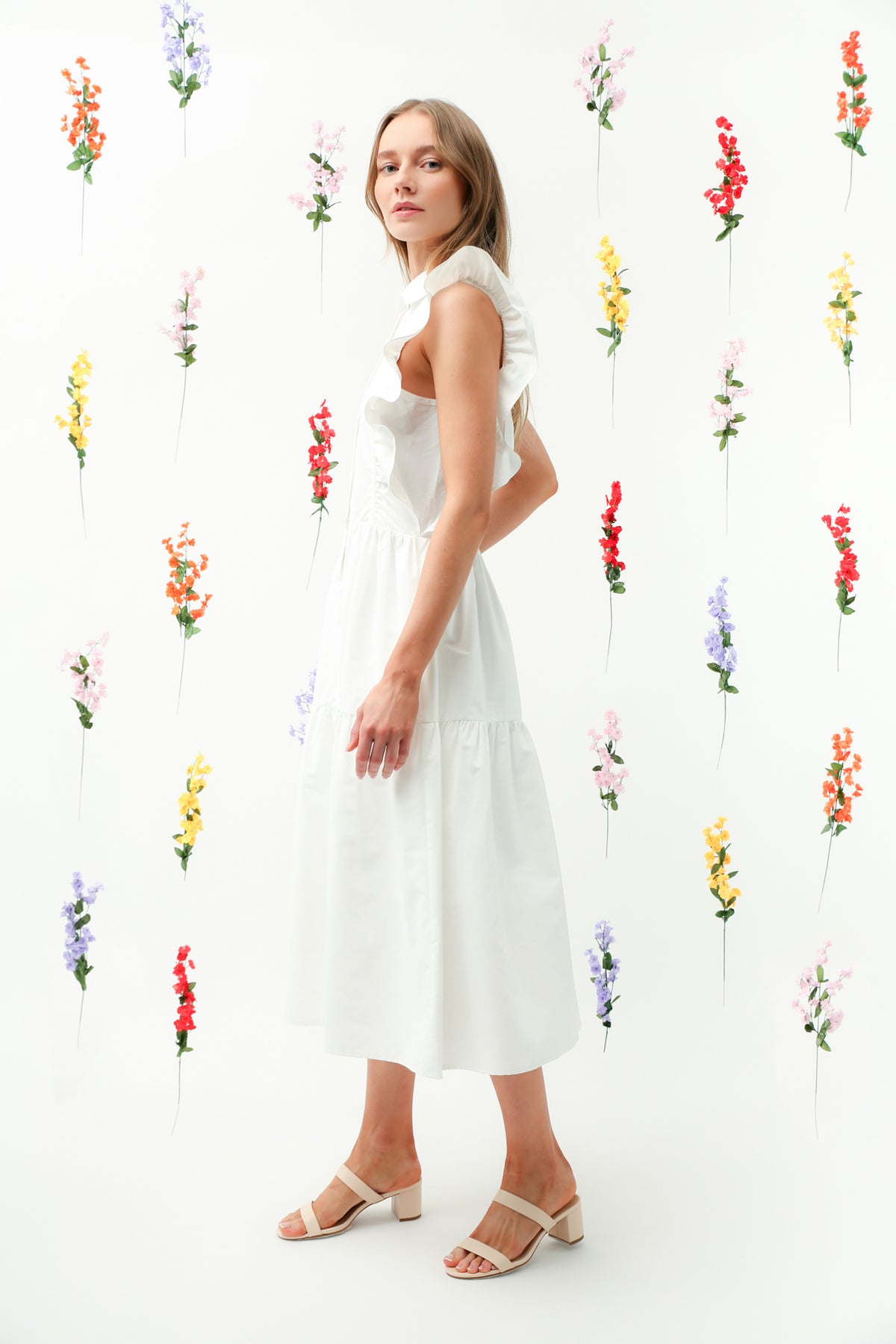 REMI017 Ruffle Trim Button-Down Tiered Midi Dress
