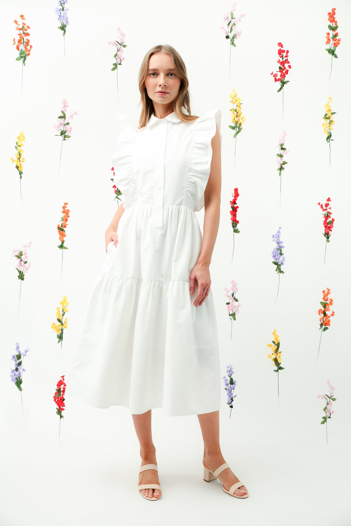 REMI017 Ruffle Trim Button-Down Tiered Midi Dress