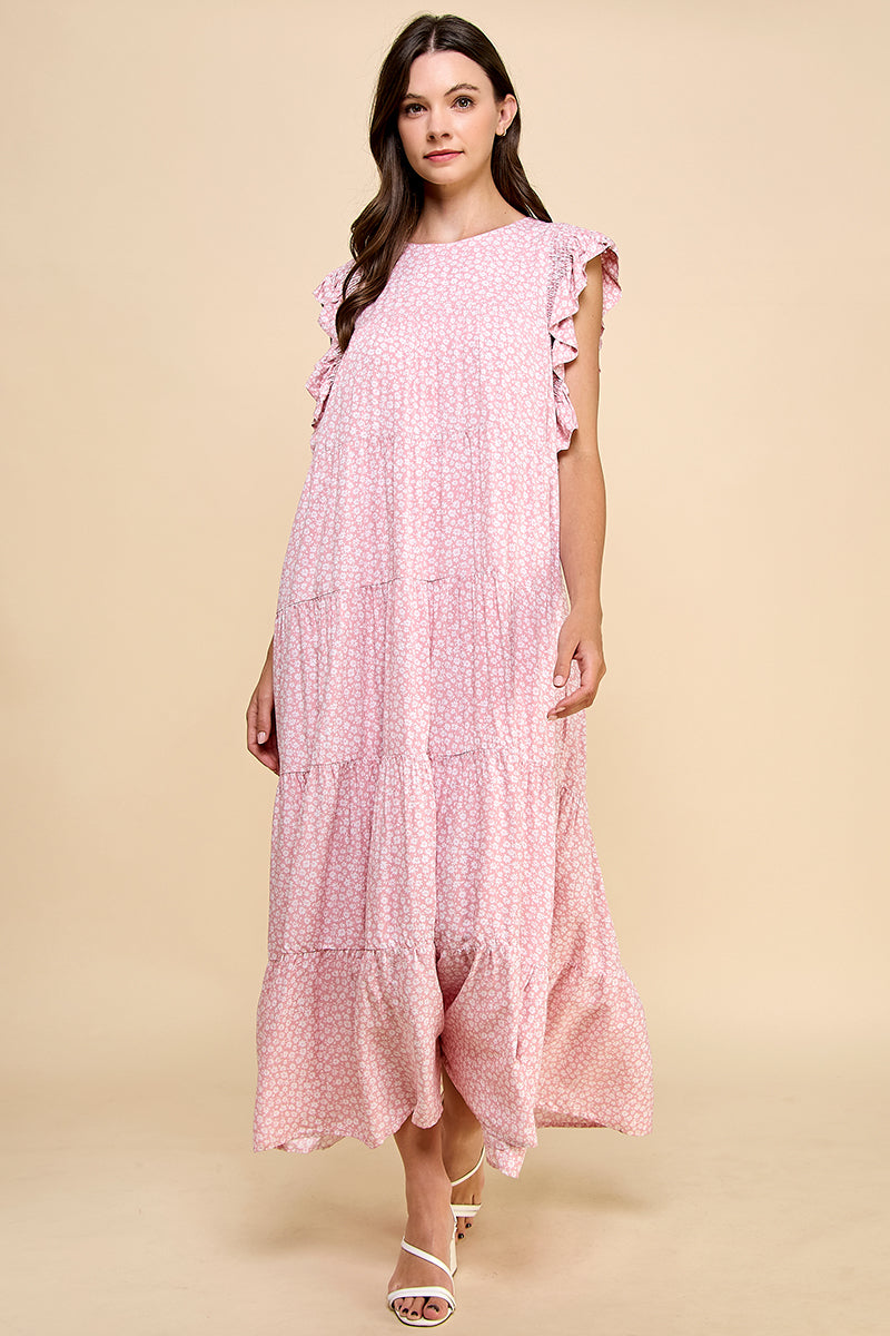 Floral Ruffle Sleeve Tiered Maxi Dress - Pink & Sage REMI024