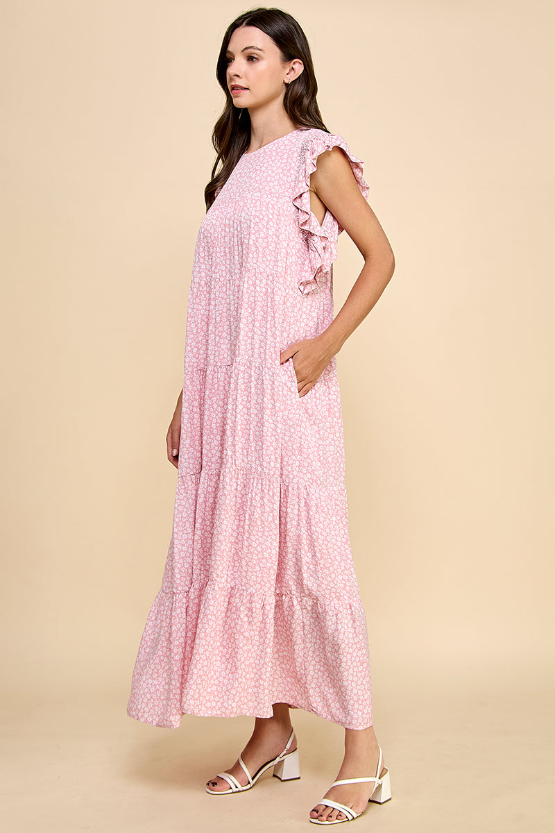 Floral Ruffle Sleeve Tiered Maxi Dress - Pink & Sage REMI024