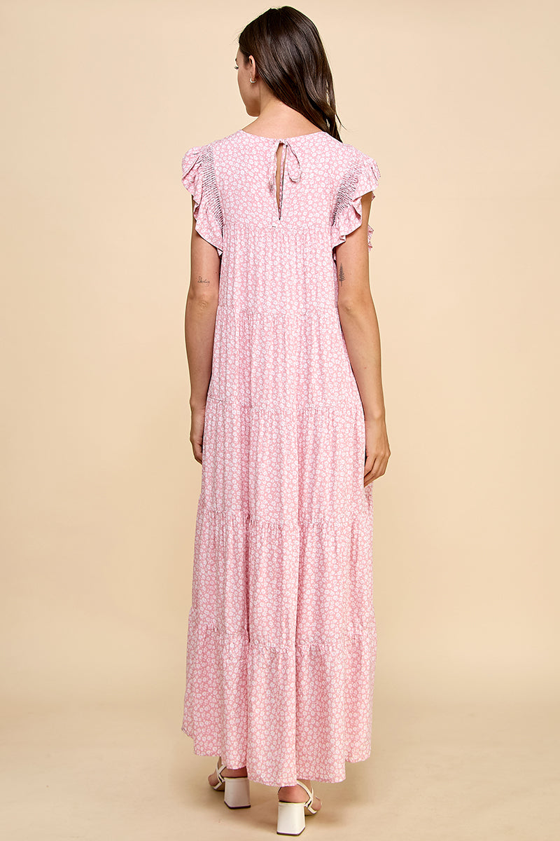 Floral Ruffle Sleeve Tiered Maxi Dress - Pink & Sage REMI024
