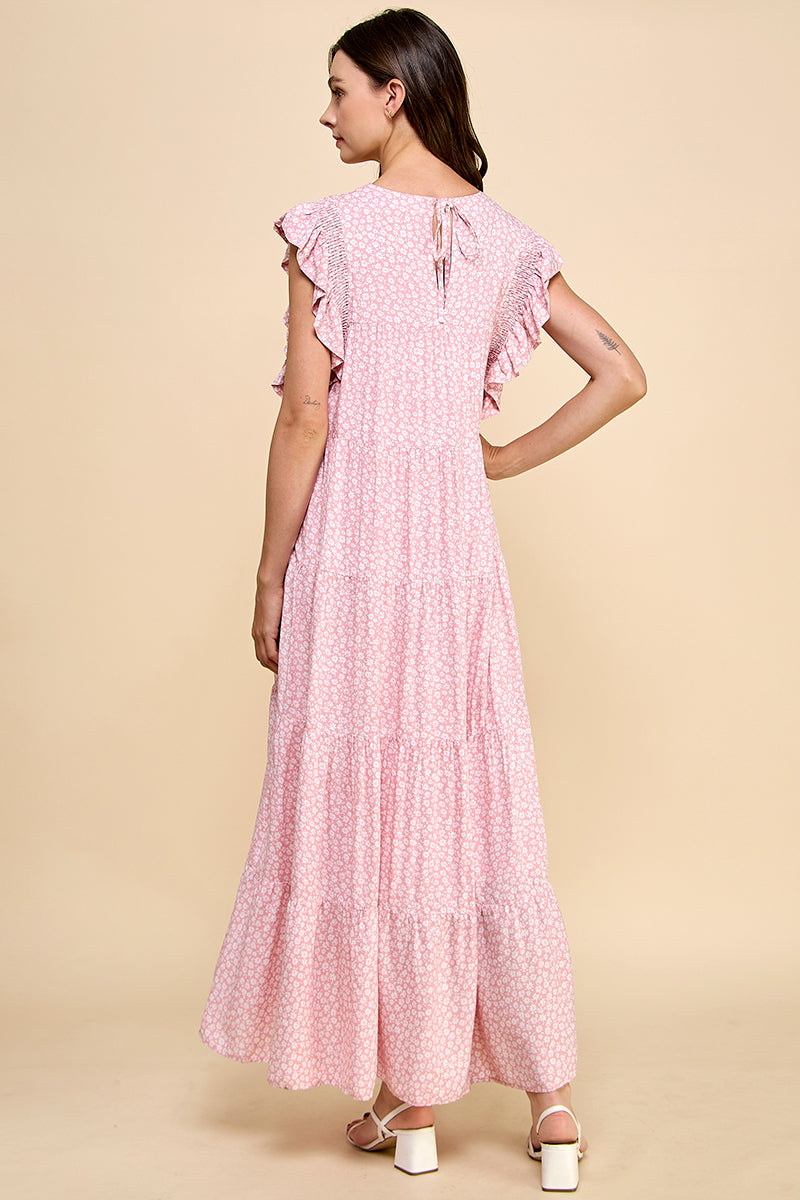 Floral Ruffle Sleeve Tiered Maxi Dress - Pink & Sage REMI024