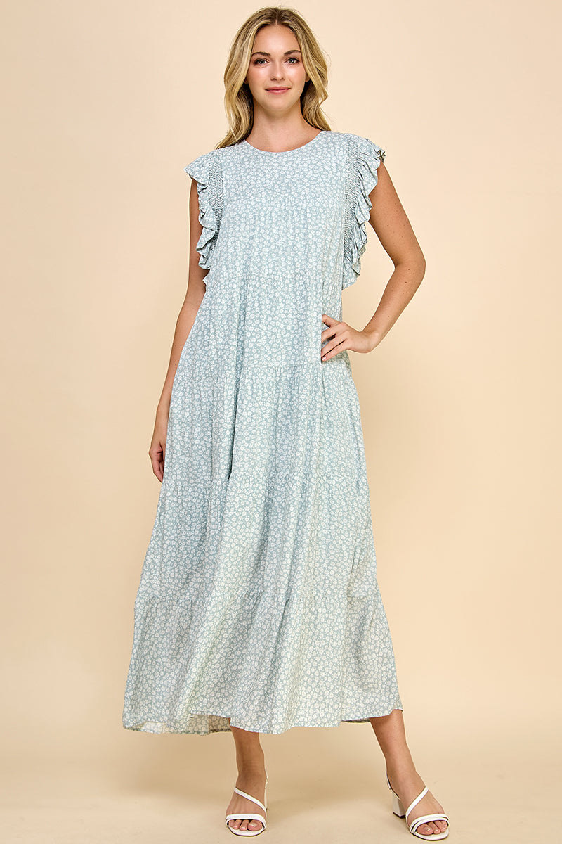 Floral Ruffle Sleeve Tiered Maxi Dress - Pink & Sage REMI024