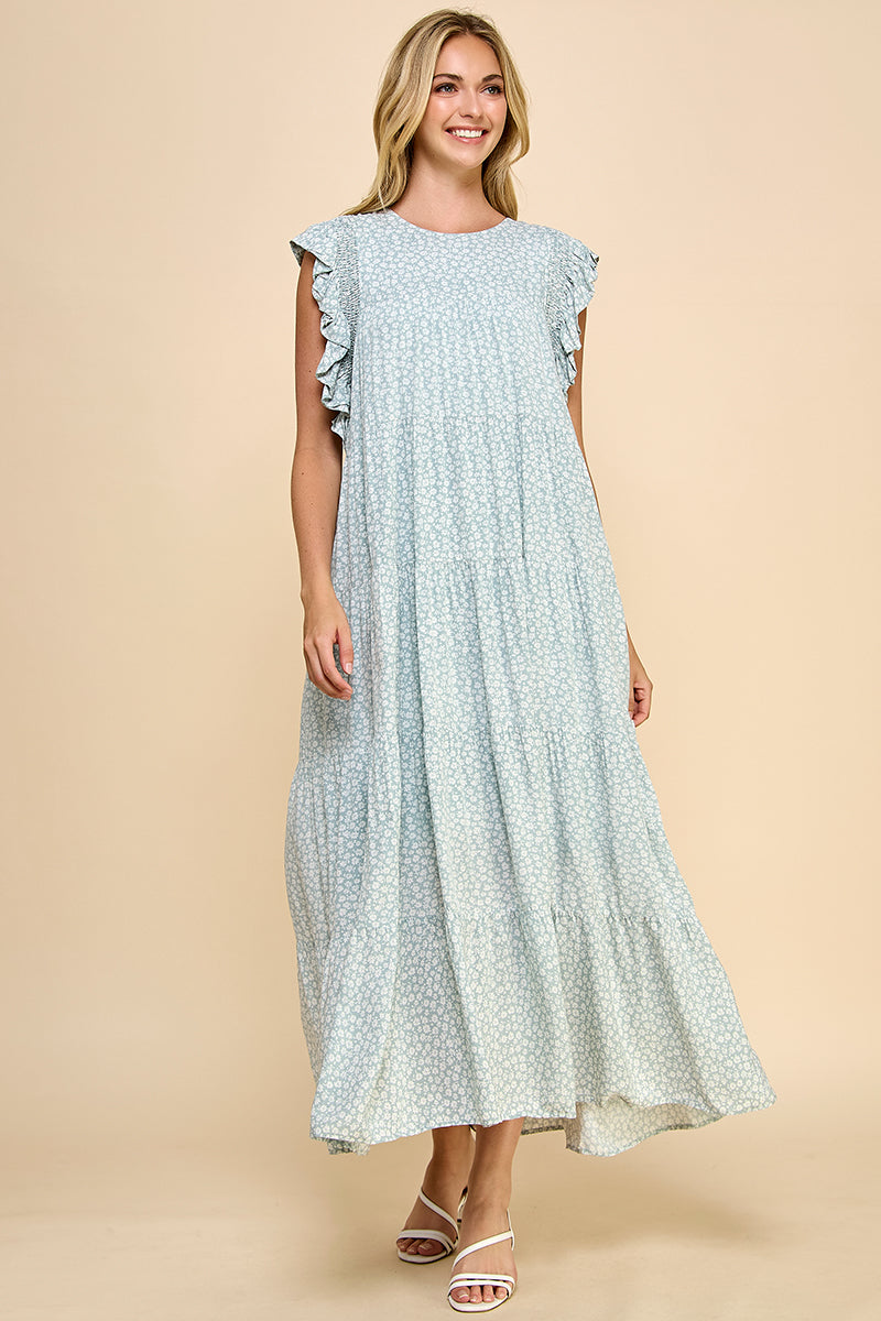 Floral Ruffle Sleeve Tiered Maxi Dress - Pink & Sage REMI024
