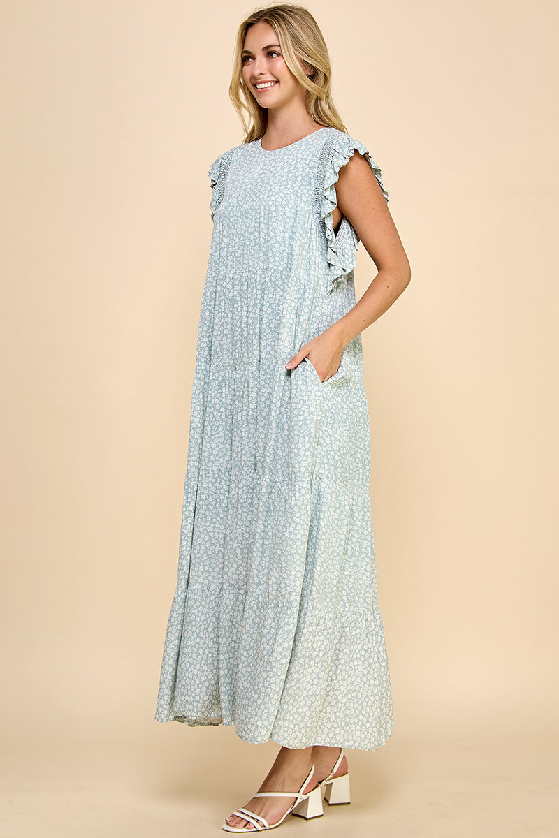 Floral Ruffle Sleeve Tiered Maxi Dress - Pink & Sage REMI024