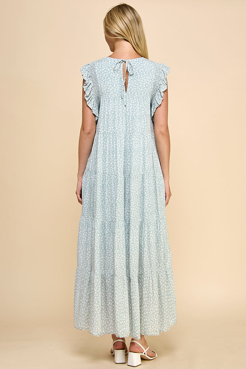 Floral Ruffle Sleeve Tiered Maxi Dress - Pink & Sage REMI024