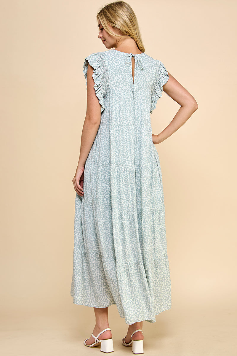 Floral Ruffle Sleeve Tiered Maxi Dress - Pink & Sage REMI024