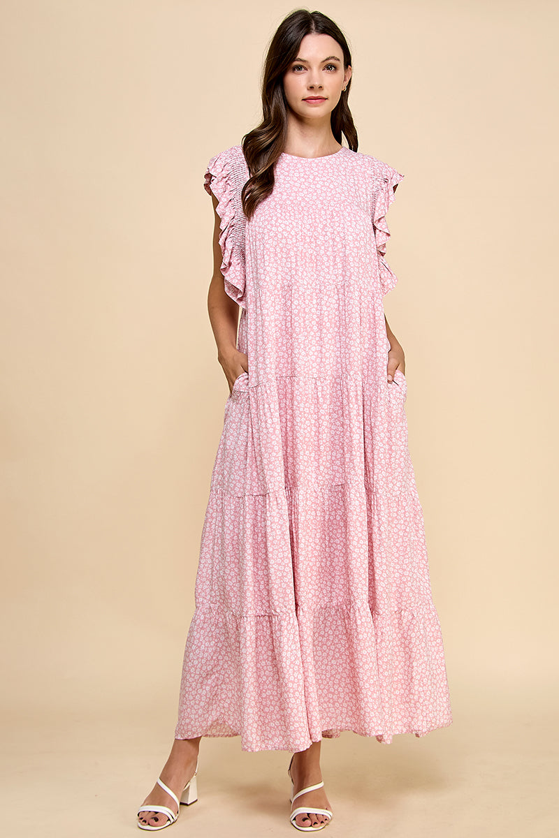 Floral Ruffle Sleeve Tiered Maxi Dress - Pink & Sage REMI024