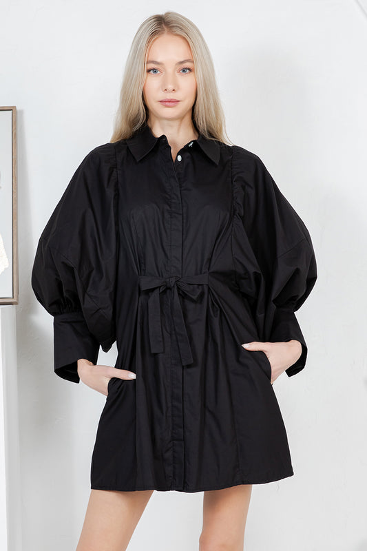 REMI245 - Statement Sleeve Mini Shirt Dress (Black)