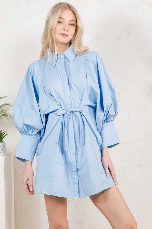 REMI245 - Statement Sleeve Mini Shirt Dress (Light Blue with White Stripes)