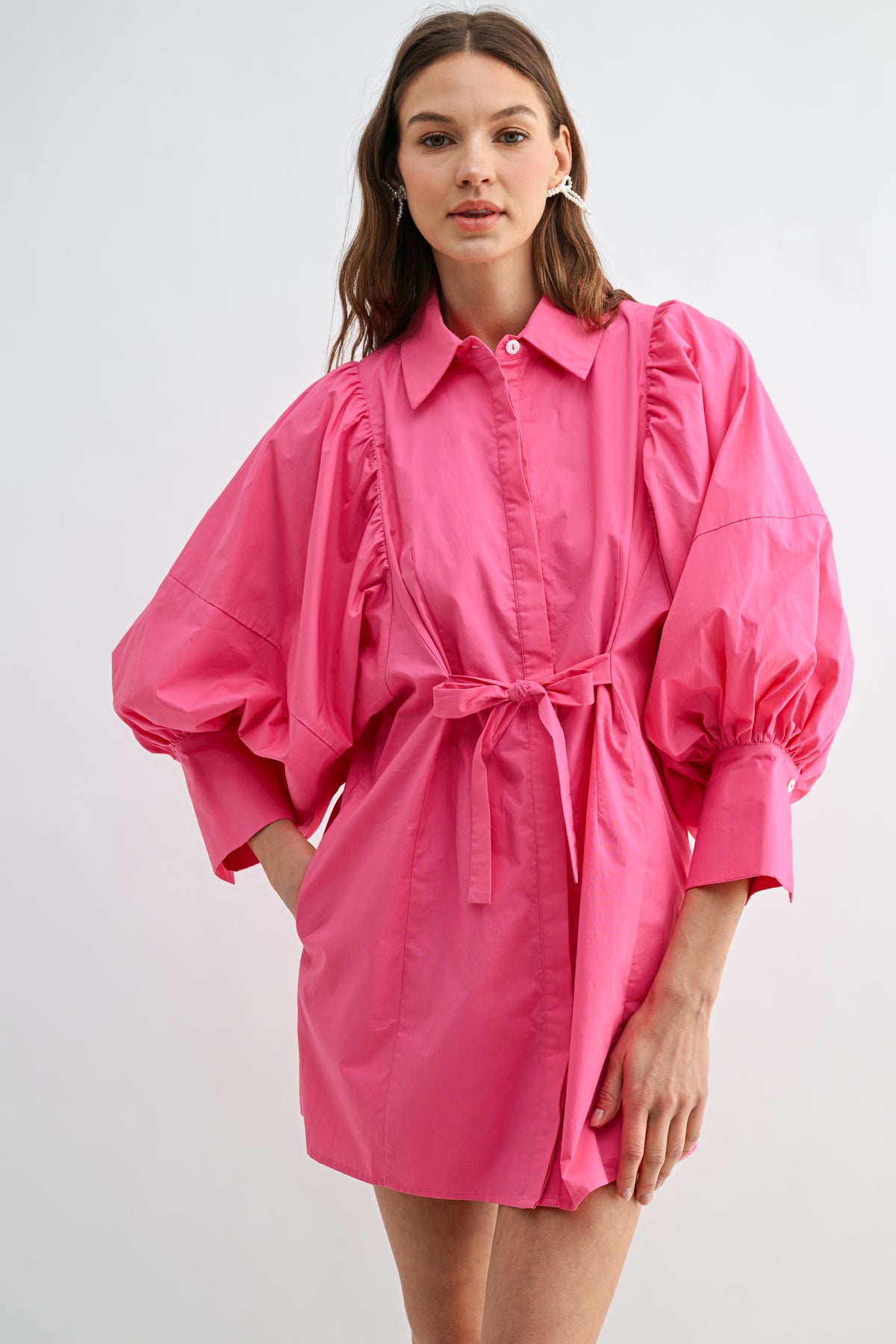 Balloon Sleeve Tie-Waist Mini Shirt Dress REMI245
