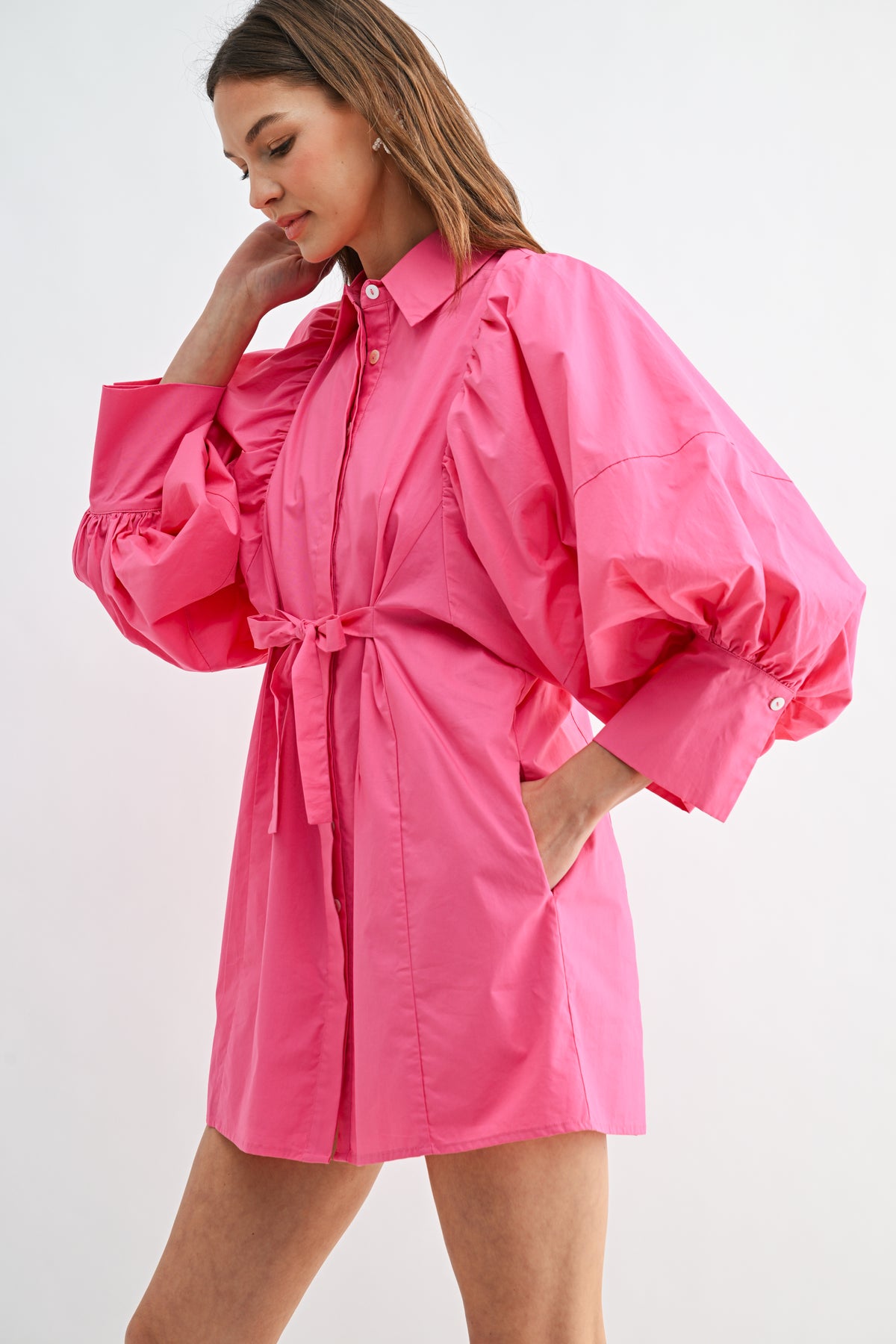 Balloon Sleeve Tie-Waist Mini Shirt Dress REMI245