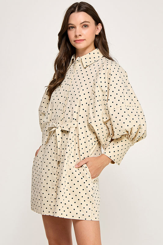 REMI245 - Statement Sleeve Mini Shirt Dress (Polka Dot)