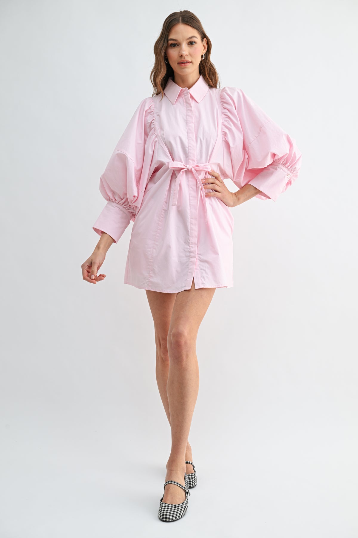 Balloon Sleeve Tie-Waist Mini Shirt Dress REMI245