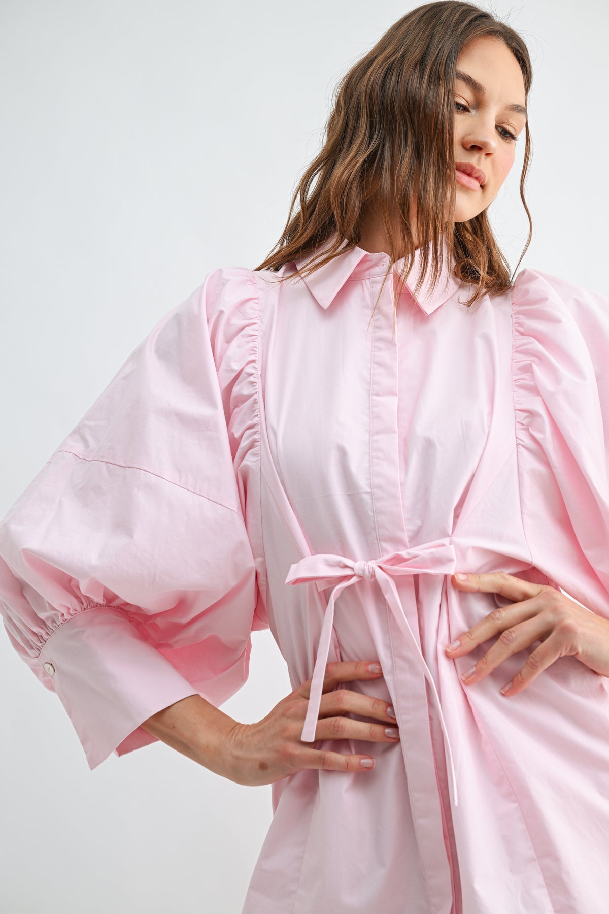 Balloon Sleeve Tie-Waist Mini Shirt Dress REMI245